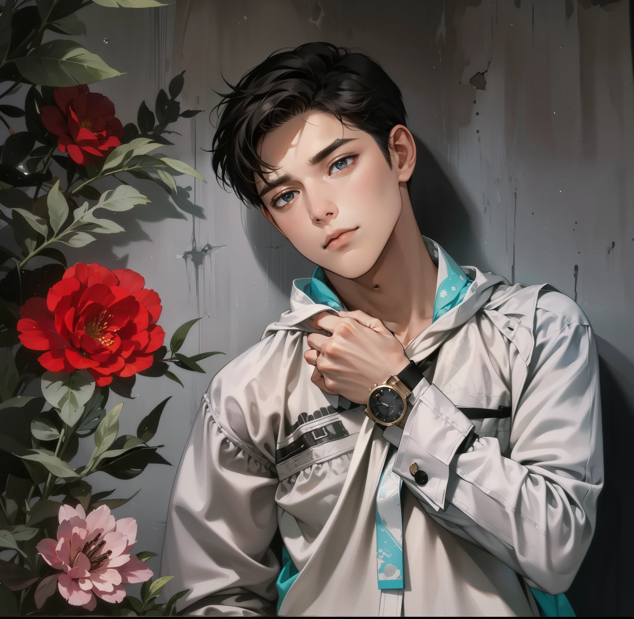 Masterpiece, high quality, best quality, HD, realistic, perfect lighting, detailed face, detailed body, 1 man, short black hair, black t-shirt, (calm expression: 1.5) (flat face: 1.5), standing in the room with spread hands