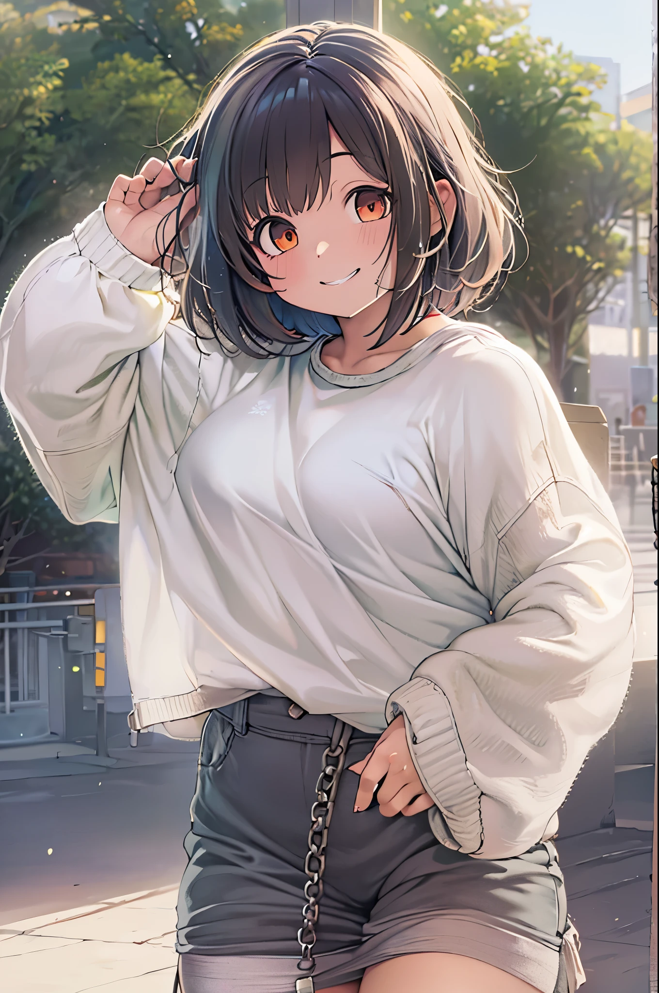 of the highest quality, masutepiece, Ultra high definition, (Photorealistic: 1.4), (Look off: 1.4), (Look off: 1.4), Don't look at the camera, Raw photo, One girl, Dark hair, (Straight Bob: 1.4), (Patsun: 1.4), Bangs, Smile, Glossy skin, Dramatic Lighting, neat, T-shirt, White summer sweater, (Big: 0.9), a park