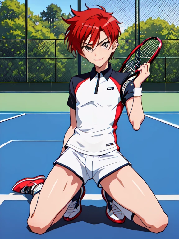 Official art,anime screen cap、Anime style,superfine illustration, hight resolution, masutepiece, best qualtiy,Best Quality,hightquality, detaileds, (A little boy),12 years old, A young tennis idol with a super cute face.,beautiful young boy、 Standing, Cool handsome face with smile, blue soccer cleats, Long legs, thighs thighs thighs thighs, Foots, Bulge, (Red hair、Shorthair 1.4)、Shiny hair, boy with sharp eyes, (tennis tight shiny training bodysuit), (tight soccer shorts), (Soccer Socks), tussock, Cool pose, (太いthighs thighs thighs thighs,Big buttocks),(((park tennis field)))、((cocky、))、Smirk、Spread legs,Ultra-fine painting, (Best Quality, 4K, 8K, hight resolution, masutepiece:1.2),