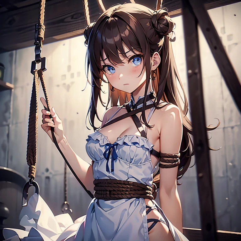 (masterpiece)), ((best quality)), (ultra-detailed), NSFW, ((torture chamber)),a cute girl, 1girl, solo, (white frilly tanktop dress),(rope bound arms), (both hands are bound and is hung from the ceiling),restrained,((thin waist)),(((Torture that tightens the waist with a rope))),beautiful brown hair, beautiful blue eyes, (beautiful eyes), long hair,troubled expression