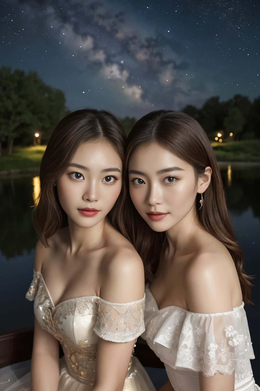 All faces and pictures must be different, high quality, highly detailed, a stunningly photorealistic closeup portrait of two beautiful Chinese women,babyfaced, intricate detailed eyes,open shoulders,skirtlift,where two mysterious women sits by the edge of a pond, capturing a romantic atmosphere under the starry sky.