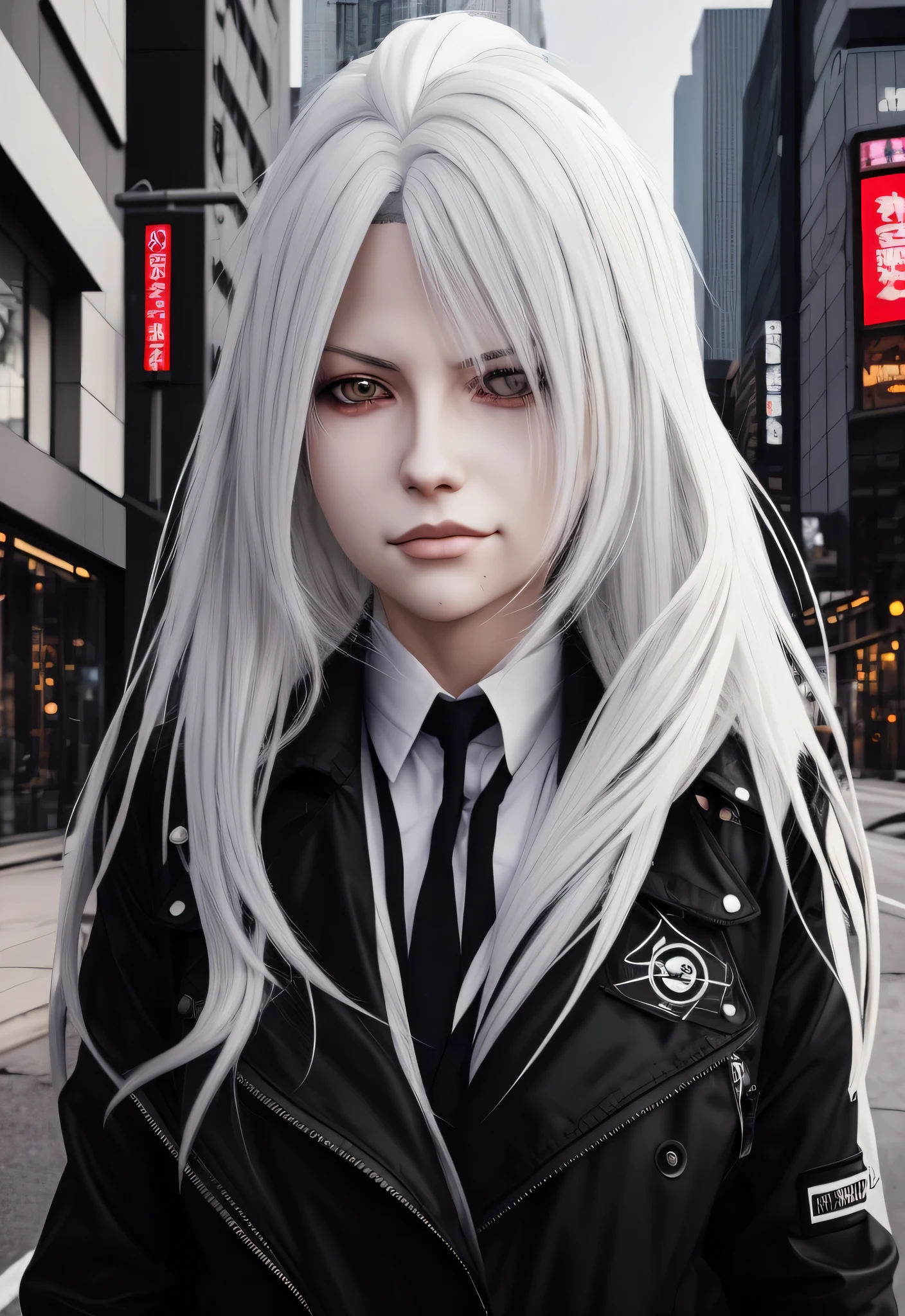 Anime girl with long white hair and a black jacket in the city, Girl with gray hair, perfect white haired girl, white haired, digital art from danganronpa, One girl has gray hair, white haired lady, White-haired, Long Hair Anime Girl, blonde Long Hair Anime Girl, very modern anime style, girls frontline style, Tifa Lockhart with white hair