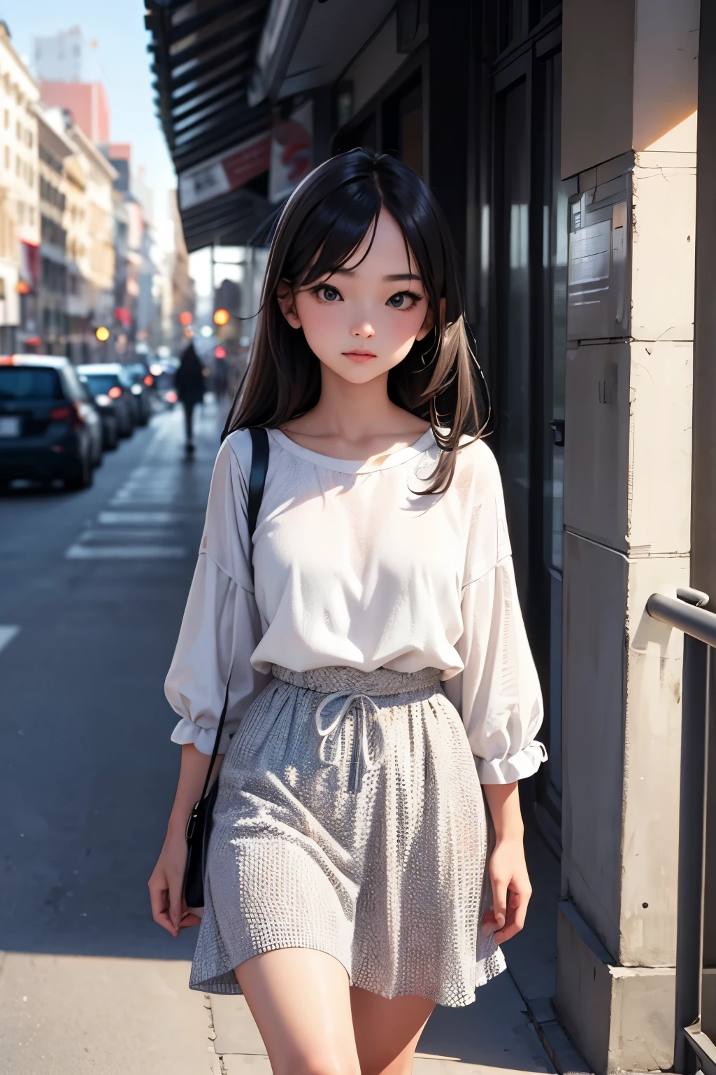 Young beautiful girl, dressed in fashionable clothes, walking down the street in the city. good lighting, good brightness, good contrast, Good colors, Good Quality.