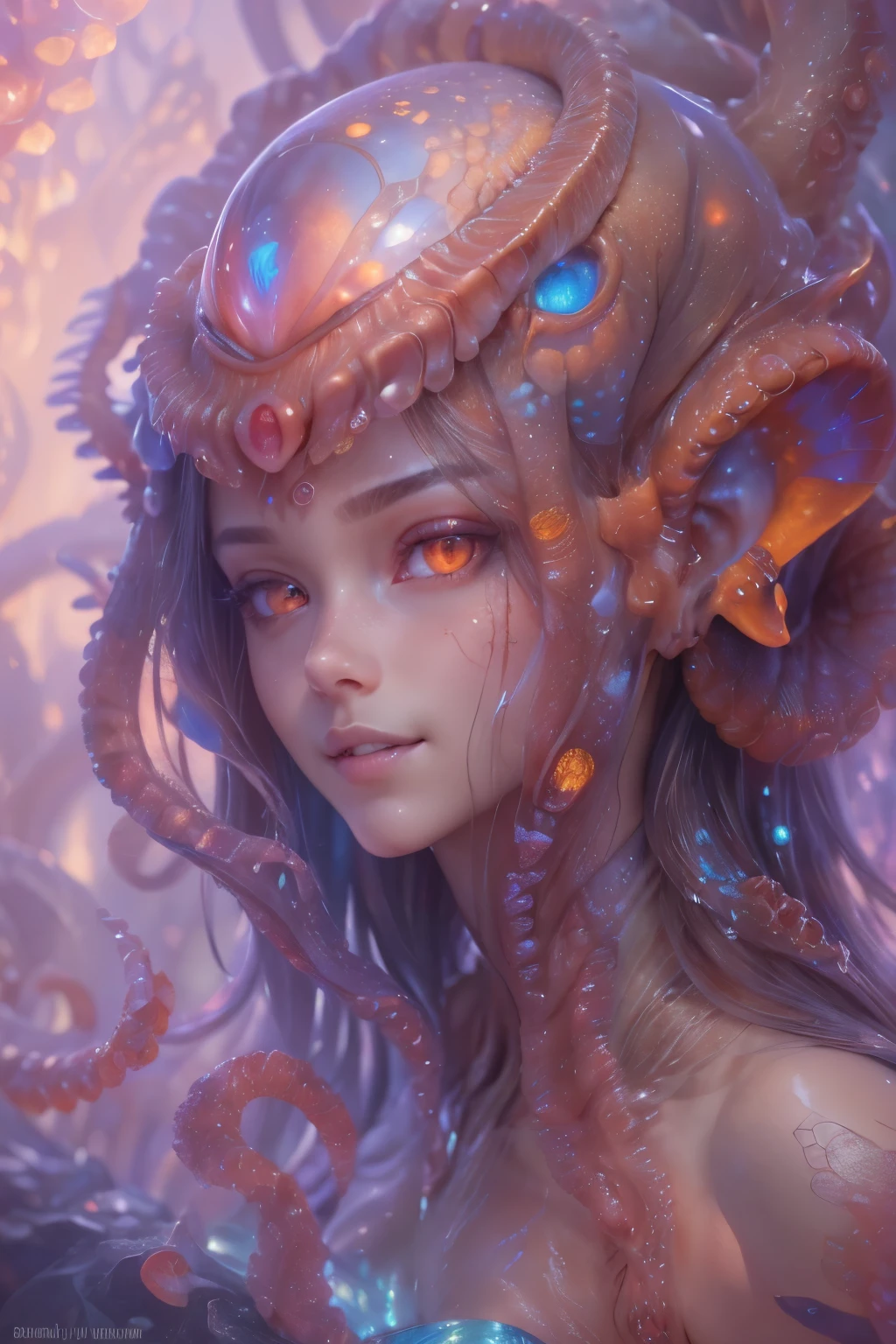 Portrait, (beautiful female alien:1.2), (There is a female genital-like organ in the middle of the forehead:1.8), (The most beautiful face in the history of the universe:1.2), (scarlet eyes:1.6), (Translucent skin:1.8), an evil gaze that seduces, (red eyes:1.5), (large mouth:1.1), sharp teeth like a shark, Full body like, (bio luminescent:1.2), (Smile wickedly:1.3), (sexypose:1.5), alien, No humans, cells are fused, (Lots of translucent tentacles:1.1) (Translucent skin:1.3), extraterrestrial, cell, bio image, Best Quality, 8K,4K_quality, High Definition, Dramatic Lighting, masutepiece:1.5,cinematic quality, detail up, (Intricate details:1.2), High resolution, High Definition, drawing faithfully, (Thick eyebrows:1.2), Beautiful eyes with fine symmetry, (Ultra detailed eyes:1.2),(Highly detailed face and eyes:1.2), (High-resolution red-eye:1.4), Intimate face, (Super detailed skin quality feeling:1.4), Perfect Anatomy, (Beautiful toned body:1.5), (Moist skin:1.2), No makeup, (dark circles:1.1), long canines, cinematic drawing of characters, ultra high quality model, cinematic quality, detail up, (Intricate details:1.2), High resolution, High Definition, drawing faithfully, Official art, Unity 8K wall , 8K Portrait, Best Quality, Very High resolution, ultra detailed artistic photography, midnight aura, unreal enginee 5, Ultra Sharp Focus, art by alberto seveso, ArtGerm, Roisch, intricate artwork, best quality, masutepiece, ultra High resolution, (photos realistic:1.4), Ultra-realistic realism, dream-like, nautilus, Creation of fantasy, Snail, Dream Snail, biopunk nautilus, Thrilling color schemes, Ultra-realistic realism, seductively smiling, Blue tentacles