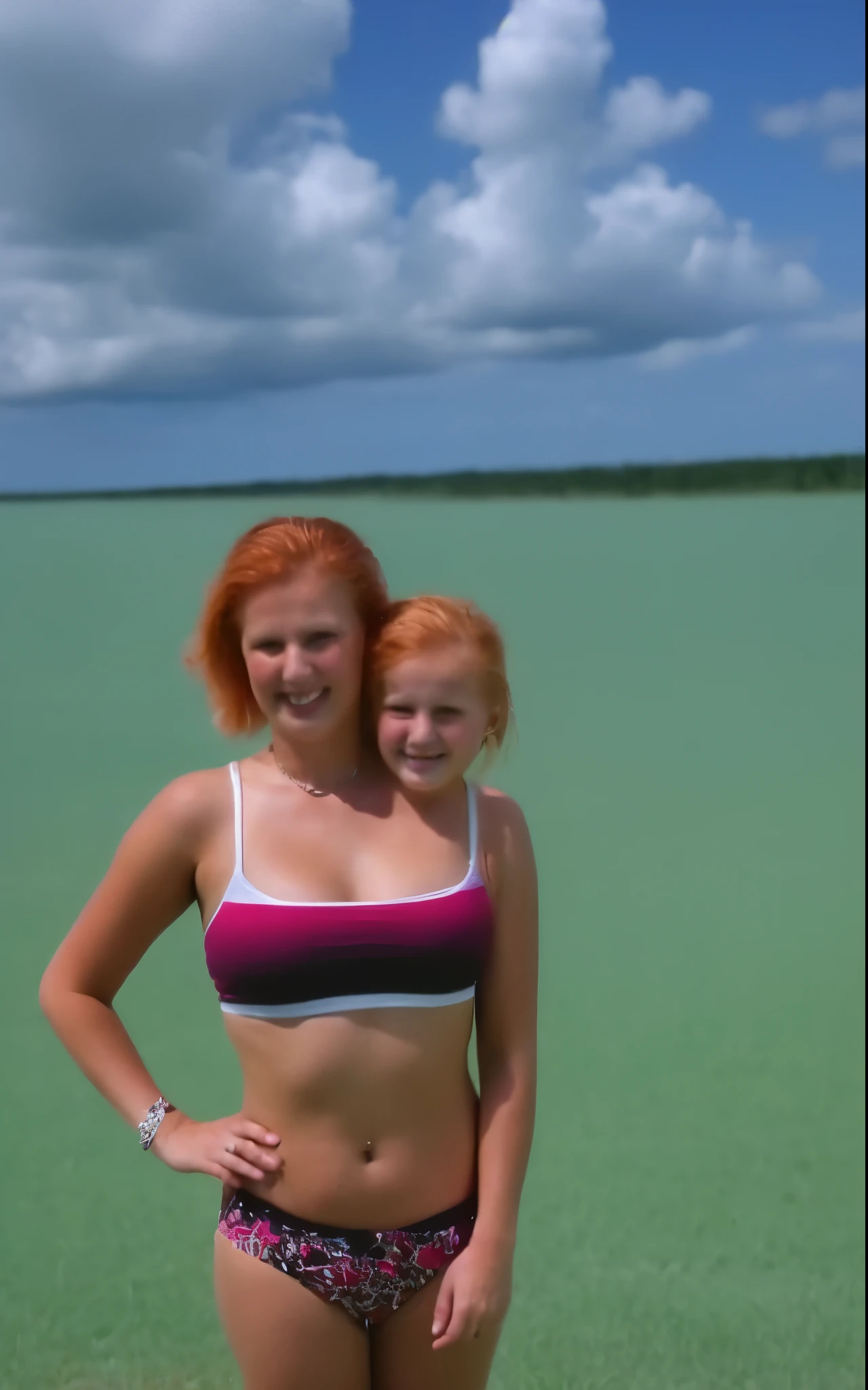 2heads, two headed girl, mom and daughter, (a 25 year old woman and a  girl:1.5), (a blonde and a redhead:1.1)