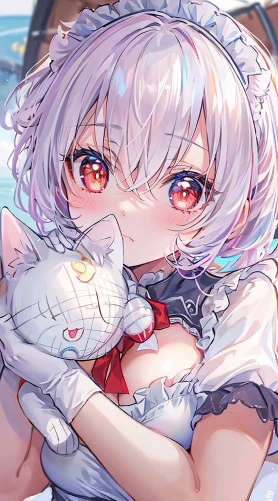 ((masterpiece, maximum quality, ultra quality, ultra high quality, maximum detail, well defined, 8k)), nsfw, 1 girl, ((detailed eyes)), ((bright pupils, heterochromatic pupils, blue and red )), long white hair, white cat ears, ((maid)), ((breasts visible, huge breasts, breasts exposed, nipples visible, topless)), serious expression.
