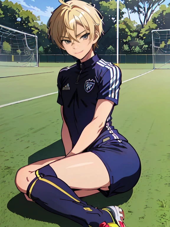Official art,anime screen cap、superfine illustration、 hight resolution, masutepiece, best qualtiy,Best Quality,hightquality, detaileds,  (A little boy),12 years old, A young ace striker male idol with a super cute face,A boy as beautiful as Planding, Cool smile, soccer spike, Long legs, thighs thighs thighs thighs, Foots, Bulge, (blonde  hair、short-haired:1.4)、 Shiny hair,  (tight shiny soccer uniform suit), (tight soccer shorts),  tussock, Cool pose, (厚いthighs thighs thighs thighs、Seduce your big ass to your crotch、(((soccer field in the park)))、((cocky、))、Smirk、showing butt、Ultra-fine painting, (Best Quality, 4K, 8K, hight resolution, masutepiece:1.2),(((Being aware of the sexual gaze of middle-aged gay men)))、Service Shots、 Show off your crotch、((detailedsな目:1.2))