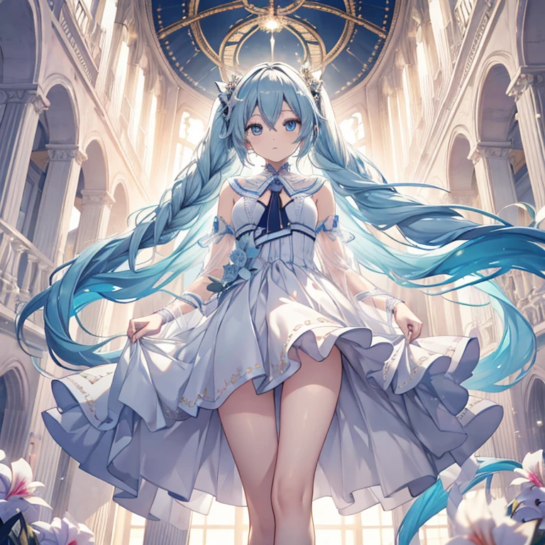 hatsuneMiku、(ultra Realistic), (An illustration), (Highres), (8K), (highlydetailed), (the best illustration), (Beautiful Detailed Eyes), (beste Quality), (Super Detailed), (Master peace), (Wallpapers), (Detailed Face), solo, 1girl, Aristocratic dresses、White hair, Iris heterochromatic eyes, small moles under eye, medium chest, Long legs,Stunning composition,Foot braids,Beautiful and detailed legs