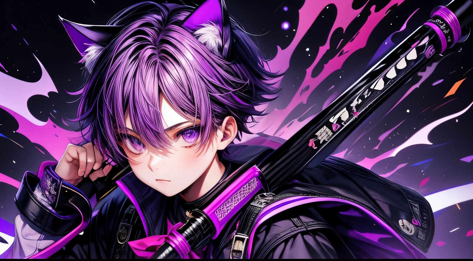 high quality, HD quality, 1Boy, purple hair, purple eyes, purple cat ears, male school uniform, holding a katana on his back
