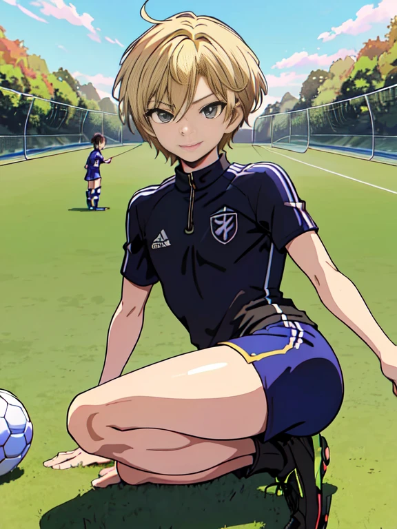 (((official art,Super thin illustration,High resolution, muste piece, best quality,best quality,)))high quality, detailed, (little boy),12 years old, A young ace striker male idol with a super cute face,A boy as beautiful as Planding, Cool handsome face with smile, soccer spike, long legs, thighs, Foots, Bulge, (blonde hair、short hair)、shiny hair, (Tight shiny random color soccer uniform suit), (tight and shiny soccer shorts), (Soccer Socks), grassy area, cool pose, (厚いthighs、Seduce your big ass to your crotch)、(((soccer field in the park)))、((Saucy、))、grinning grin、spread legs,ultra fine painting, (best quality, In 4K, 8K, High resolution, muste piece:1.2),(((Being aware of the sexual gaze of middle-aged gay men)))、Service Shots、((detailedな目:1.2))、cute eyes、