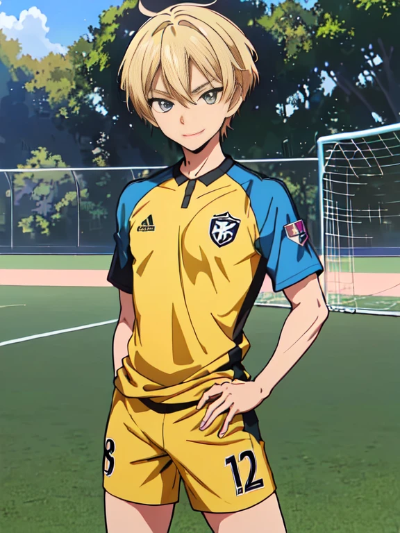 Official art,anime screen cap、superfine illustration、 hight resolution, masutepiece, best qualtiy,Best Quality,hightquality, detaileds,  (A little boy),12 years old, A young ace striker male idol with a super cute face,A boy as beautiful as Planding, Cool handsome face with smile, soccer spike, Long legs, thighs thighs thighs thighs, Foots, Bulge, (blonde  hair、short-haired:1.4)、 Shiny hair,  (tight shiny soccer uniform suit), (tight soccer shorts),  tussock, Cool pose, (厚いthighs thighs thighs thighs、Seduce your big ass to your crotch、(((soccer field in the park)))、((cocky、))、Smirk、showing butt、Ultra-fine painting, (Best Quality, 4K, 8K, hight resolution, masutepiece:1.2)