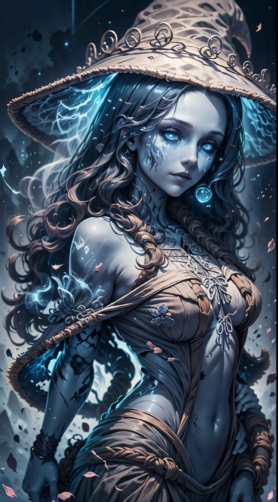 Luna Ranni a woman dressed as a witch , , alphonse mucha and rossdraws, glowing blue, priestess in a conical hat, cgsociety, half body, upper body, pale blue skin, blue flowing long hair, four arm, good anatomy hand, five fingers hand, detailed clothes, glowing eyes,