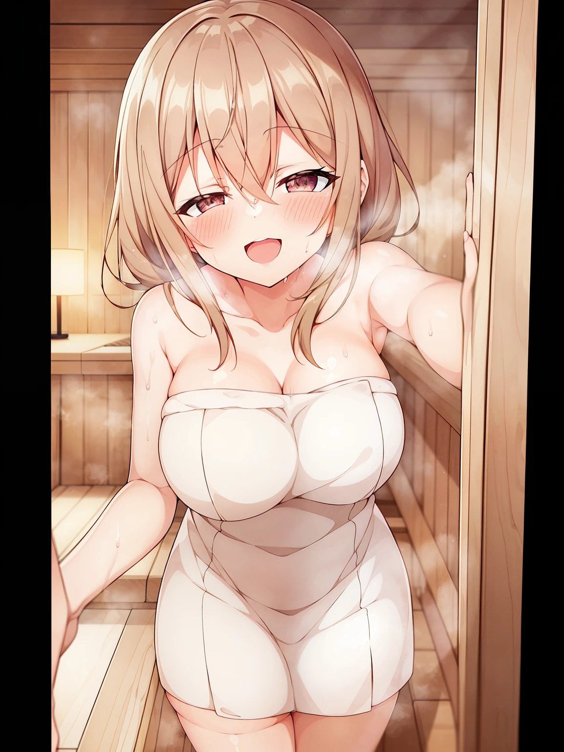 (masutepiece, Best Quality, hight resolution, nffsw, Perfect Pixel, depth of fields, 4K), 
1girl in,  Lori, Beautiful anime girl, 
Looking at Viewer, 
Perfect body,  

Bookmark_Katase, Brown hair, Brown eyes, (Large breasts), 

Smile, (red blush, Half closed eyes:1.2), 
Open mouth,
In the sauna, Wrapping a towel, 
Wet hair, Fog,  
POV,