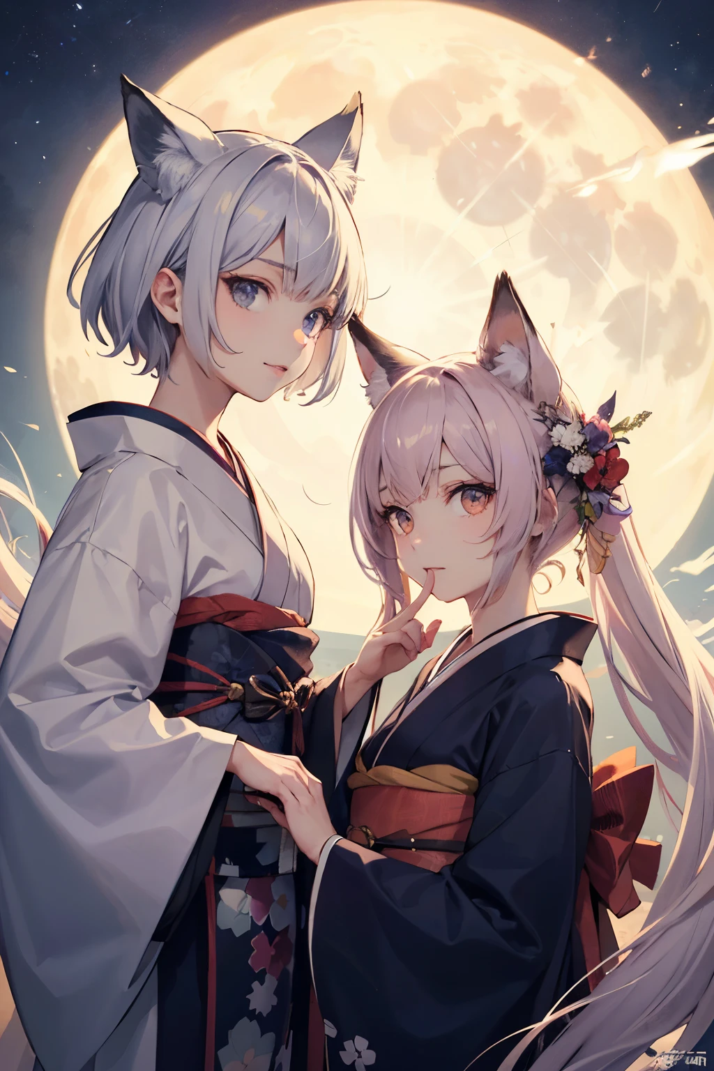 ((Best Quality)), ((masutepiece)), (Detailed), Perfect face、perfect bodies、perfect hand、Beastman、fox、１９age、girl with、kimono、Modern style、fullmoon、loiter、Ephemeral face、Beautiful face、low angles