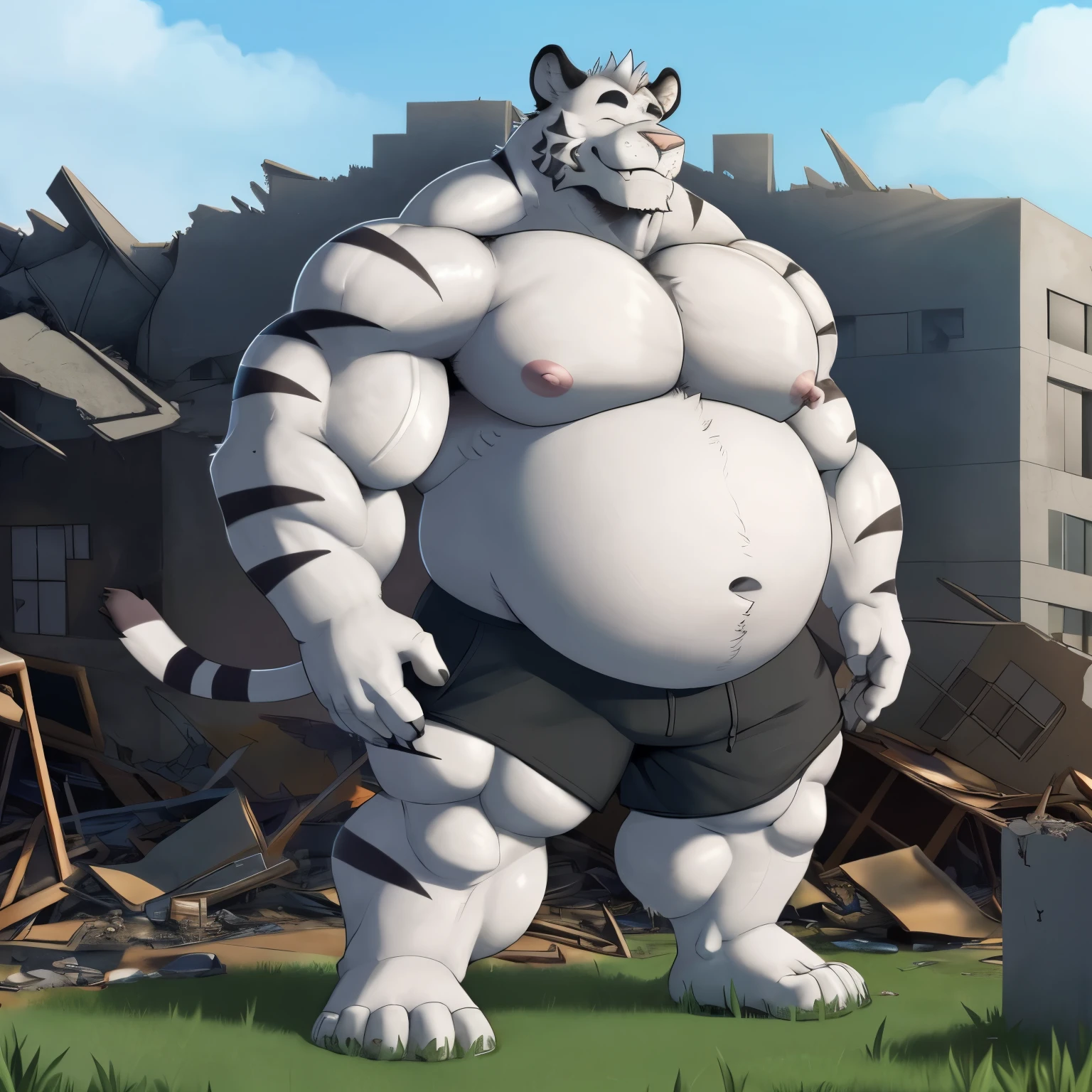 axel cosmas , solo ,black shorts plump, huge, destroyed building background, nipples, big fat belly, big ass, eyes shut, standing, 5 fingers, musclegut body, lineart, normal eyes, wet body, macro body, massive body, huge pecs, very wide, overgrown the gym , grass, god sized