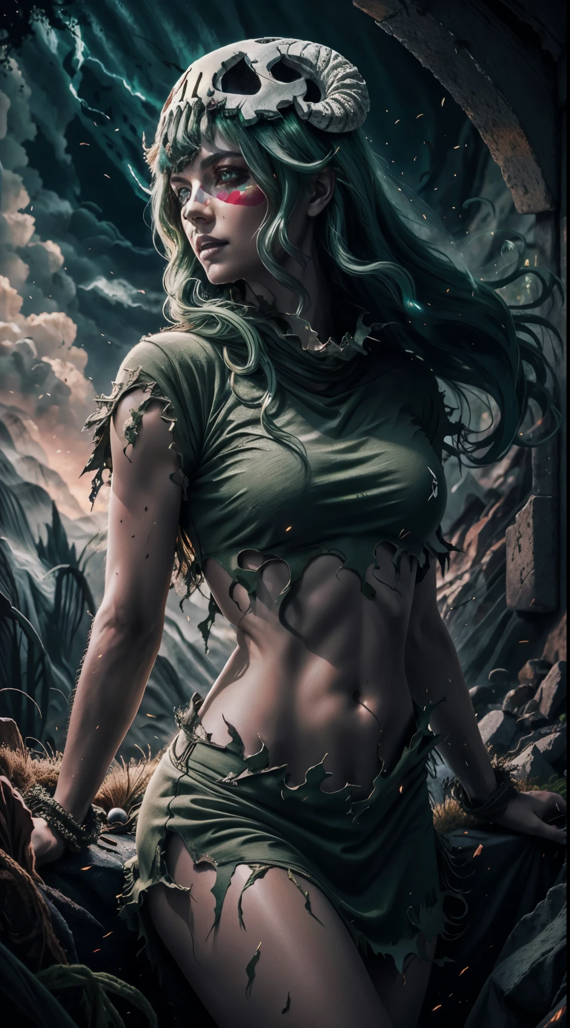 Intricate details, Odel Schwanck's masterpiece:1.2, green hair, skull, torn clothes, underboob, skirt, fantasy00d, vibrant colors, ethereal lighting