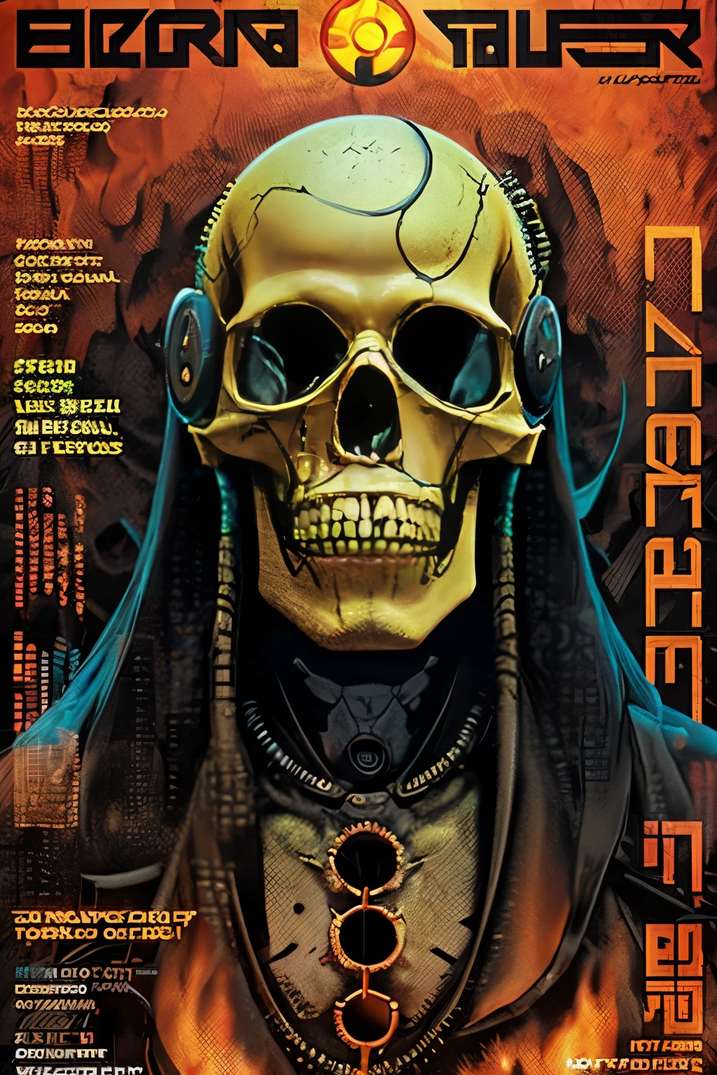 cyborg, magazine cover, poster art , Lovecraftian horror genre,  hint of crimson, bold huge text, matted design layout. a close up of a skull with flames on it's face, flaming skull, fiery skull contemplating life, skull design for a rock band, flame, flaming grim reaper, heavy metal art style, ghost rider, heavy metal tshirt design, skull like, flames in the background, profile pic, phone wallpaper