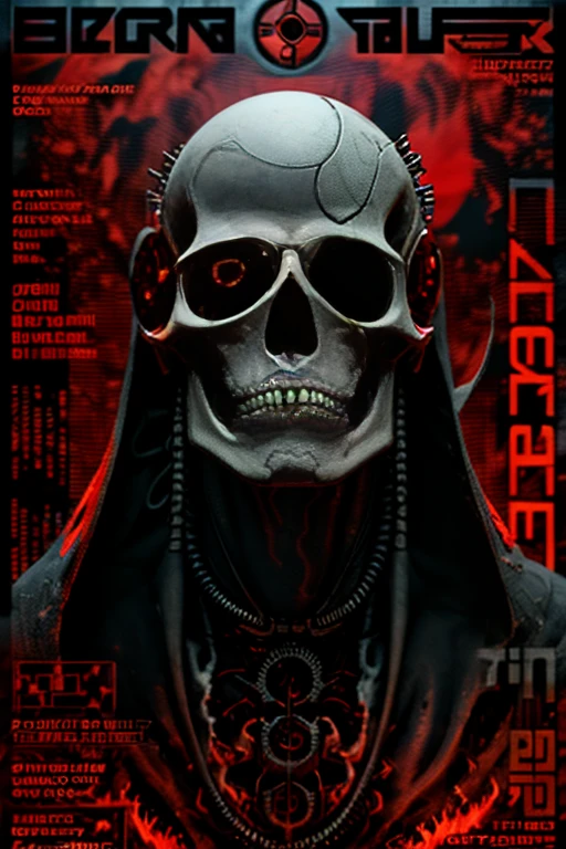 cyborg, magazine cover, poster art , Lovecraftian horror genre,  hint of crimson, bold huge text, matted design layout. a close up of a skull with flames on it's face, flaming skull, fiery skull contemplating life, skull design for a rock band, flame, flaming grim reaper, heavy metal art style, ghost rider, heavy metal tshirt design, skull like, flames in the background, profile pic, phone wallpaper