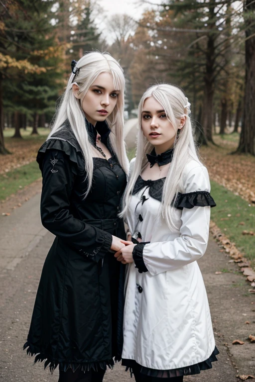 Two witches. First with loose hair, redheadwear, caucasiano, 30years, detailed black outfit. Second with white hair and tied with gray eyes, caucasiano, 30years, detailed white clothes. The black forest scene, drawning
