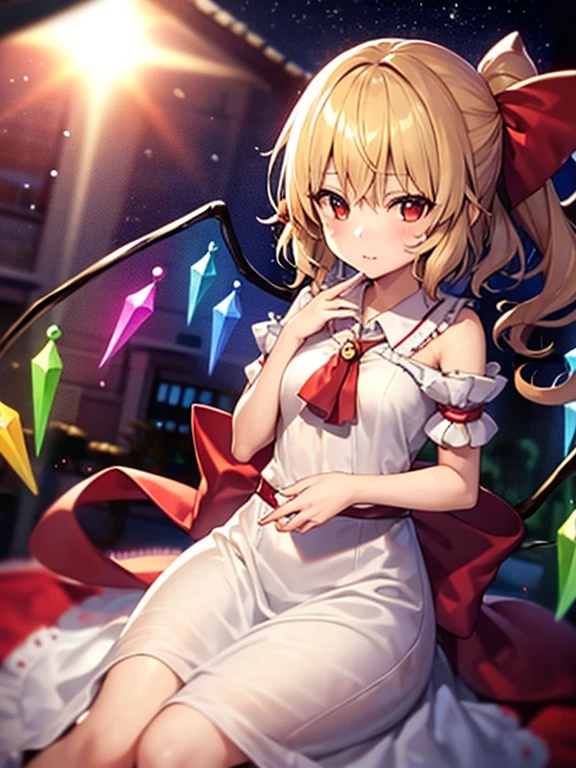 ,best qualtiy, 1 girl in,Flandre Scarlet,Blonde ponytail、that seem to stick out