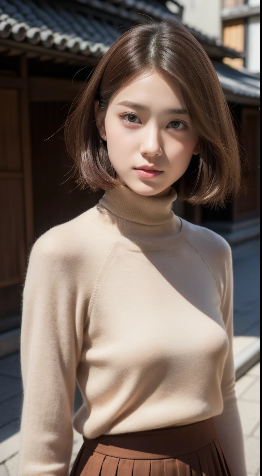 (Raw photography:1.2)、(Photorealsitic:1.4)、(masterpiece:1.3)、(top-quality:1.4)、超A high resolution、(A detailed eye)、(detailed facial features)、(detailed clothes features)、8K分辨率、solofocus、double eyelids beautiful lips、toned legs、(Slender girl)、(a japanese girl)、(Japan facial short hair:1.2))、1 girl in、Slim Beauty:1.3、brown haired、Delicate hair、Streets of Kyoto、Kiyomizu-dera Temple、Detailed street fashion、Turtleneck knitwear、flered skirt、Looking at the camera