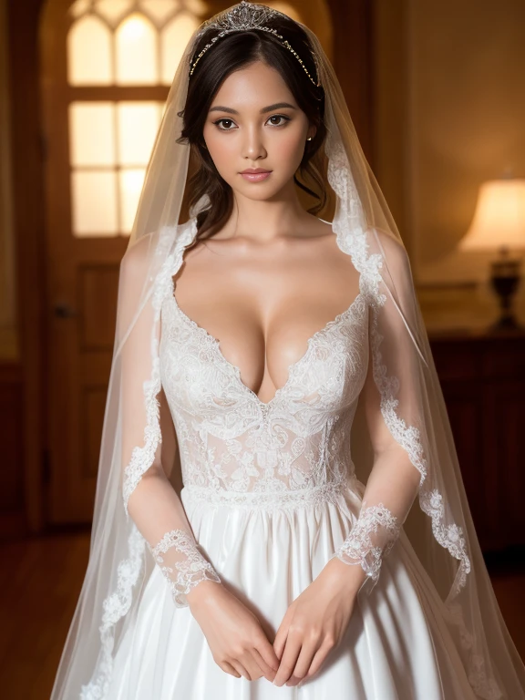 In the quiet ambiance of a first night romance, a beautiful bride stands with a seductive, yet slightly sad and worried expression on her face. The details of her enchanting eyes and delicate lips are exquisitely portrayed, catching the viewer's attention. Adorned with a see-through wedding dress, the fabric gracefully drapes her body, revealing her small breasts, which are tastefully presented. The deep V neckline of her dress accentuates her alluring charm. As the bride poses, her gentle elegance emanates from the masterpiece of this portrait. The image quality is of the highest standard, exhibiting ultra-detailed precision, capturing even the most intricate elements. The inclusion of realistic, photorealistic effects with a 1.37 enhancement further enhances the depth and authenticity of the artwork. This masterpiece is best appreciated in its full glory, with a resolution of 4k or 8k, capturing every subtle nuance and fine detail. The artist's skilled technique, akin to a professionally-shot photograph, skillfully utilizes studio lighting to accentuate the bride's grace and beauty. A soft color palette envelops the scene, enhancing the romantic atmosphere. The gentle play of light and shadows further emphasizes the bride's allure, creating a captivating ambiance. The overall composition exudes a sense of elegance and intimacy, inviting viewers to delve into the emotions and excitement of this first night romance.