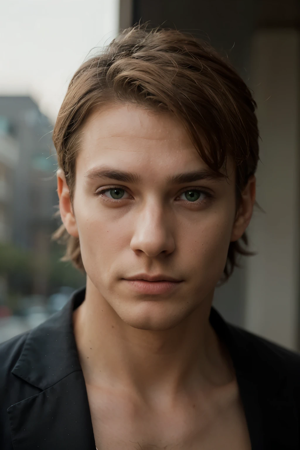 Blonde man with green eyes from down look mysterious, groomed, ((high quality)), portrait, one eyebrow lifted, looking right