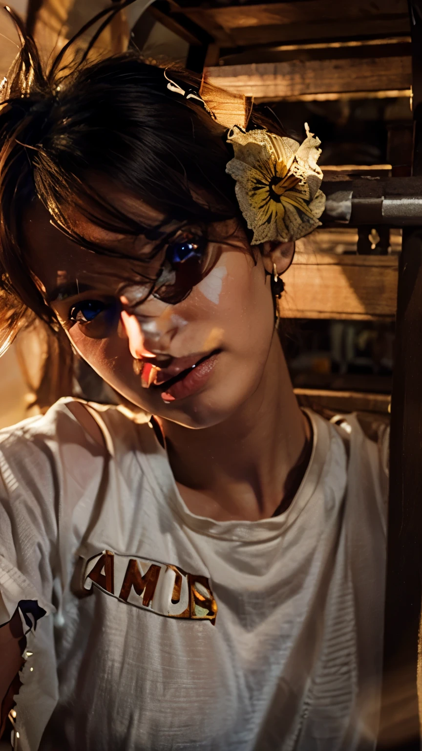 One eye butterfly beautiful sun flowers in ear blue eyes beautiful hair ,Anime character