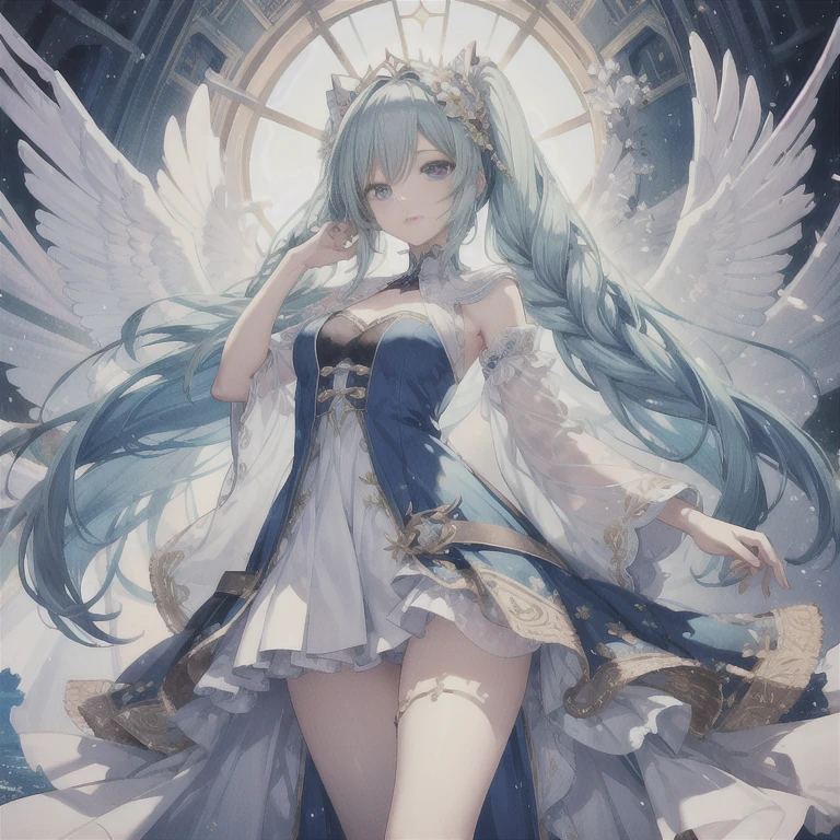 hatsuneMiku、(ultra Realistic), (An illustration), (Highres), (8K), (highlydetailed), (the best illustration), (Beautiful Detailed Eyes), (beste Quality), (Super Detailed), (Master peace), (Wallpapers), (Detailed Face), solo, 1girl, Aristocratic dresses、White hair, Iris heterochromatic eyes, small moles under eye, medium chest, Long legs,Stunning composition,Foot braids,Beautiful and detailed legs