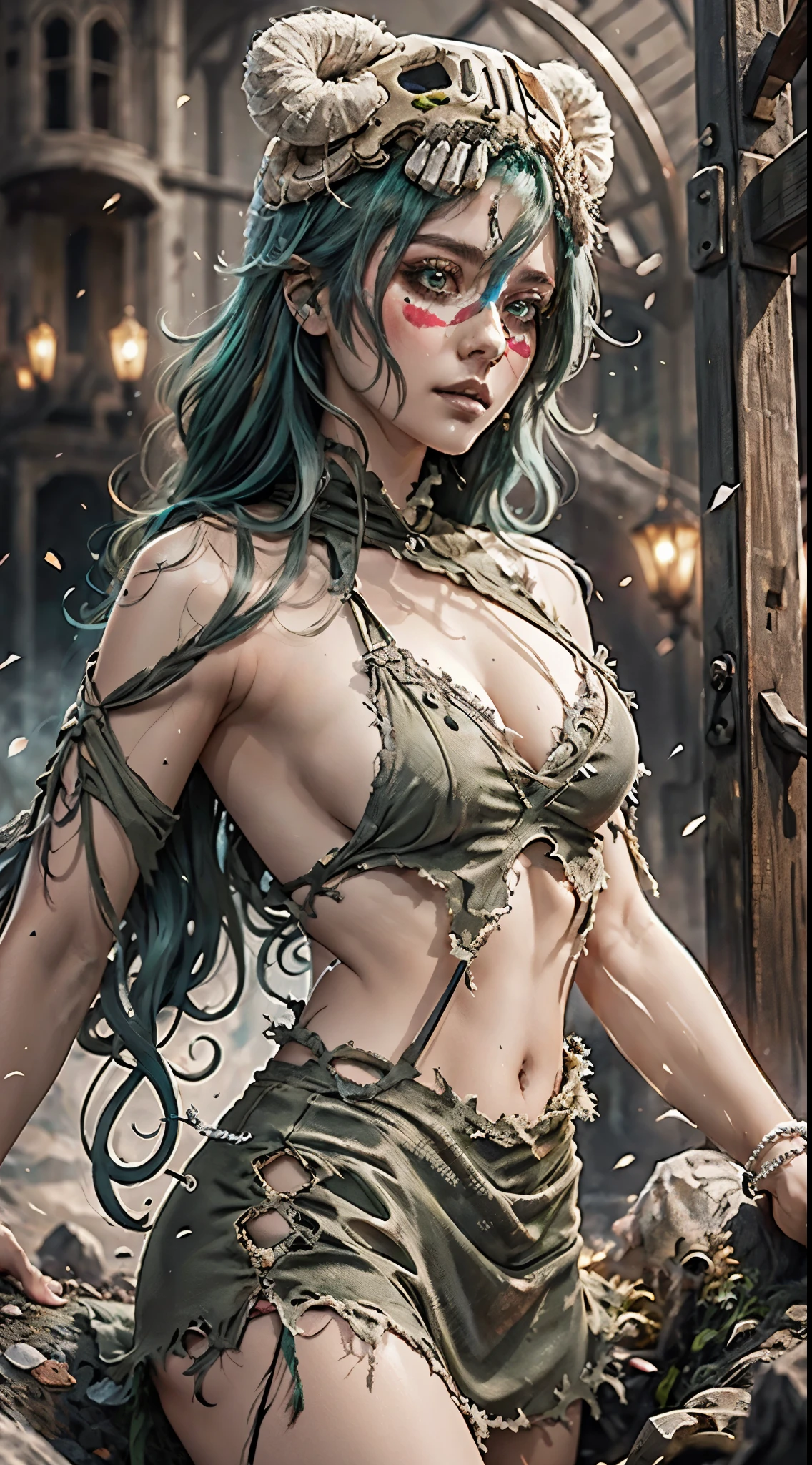Intricate details, Odel Schwanck's masterpiece:1.2, green hair, skull, torn clothes, underboob, skirt, fantasy00d, vibrant colors, ethereal lighting