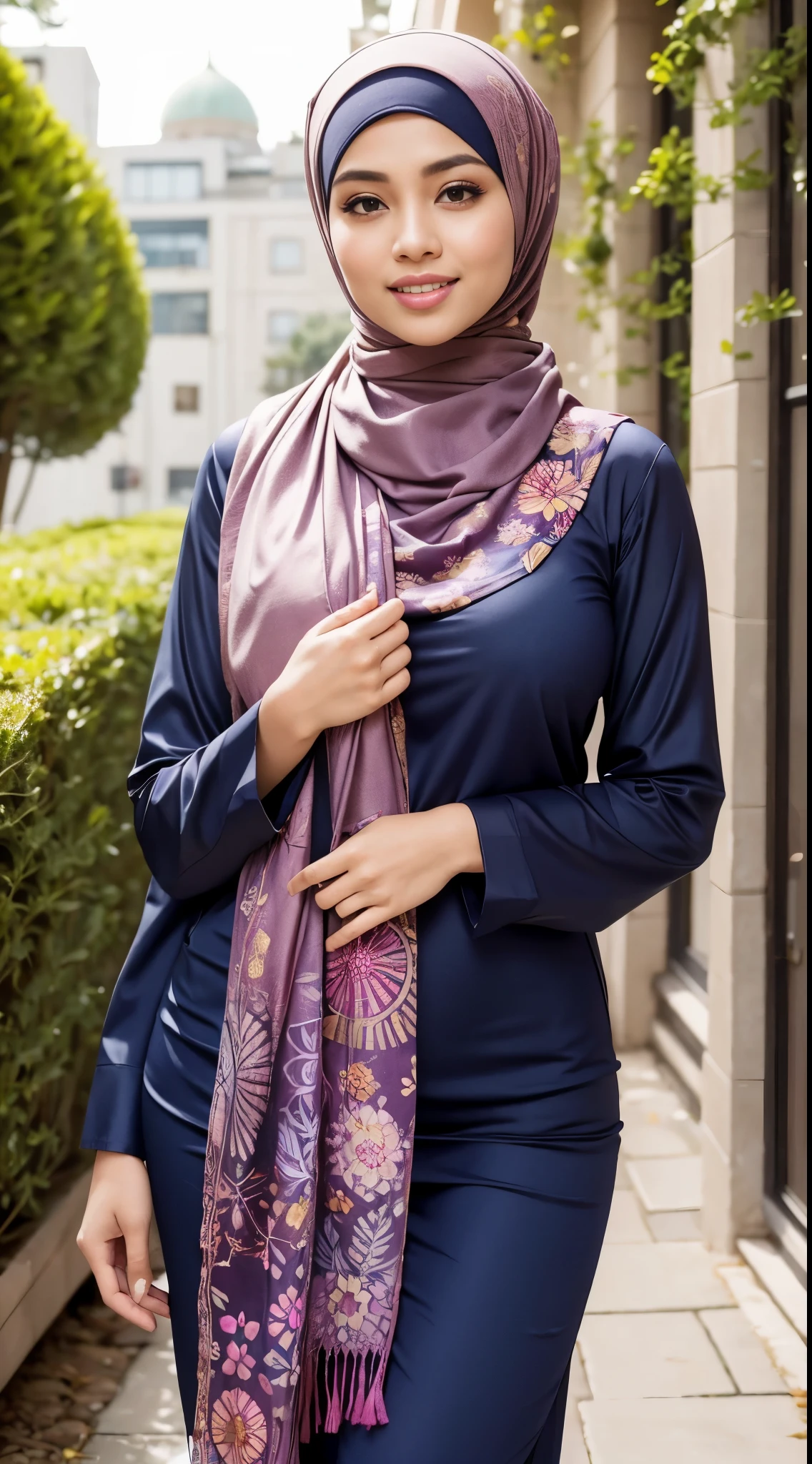 RAW, Best quality, high resolution, masterpiece: 1.3), beautiful Malay woman in hijab,Masterpiece, perfect fit body, ((Huge breast)), biggorgeous eyes, Soft smile,muslim woman in a plain long sleeve shirt and hijab posing for a picture, hijab, with lovely look, with beautiful colors, with accurate face, pose 4 of 1 6, traditional beauty, batik, wearing beautiful clothes, beutifull, with beautiful exotic, attractive pose, cute pose, scarf, wearing plain chiton, very attractive , she is smiling,Delicate turtleneck, necklace, shairband, afternoon walk, City garden, Excellent lighting, Bright colors, Clean lines