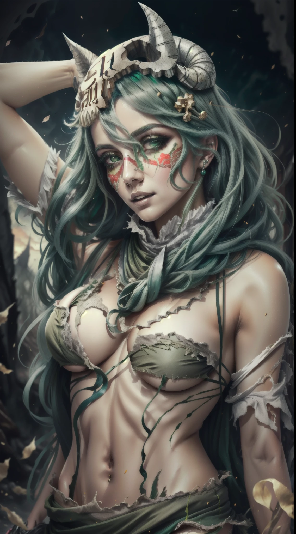 (masterpiece, best quality),  intricate details,
 odelschwanck, green hair, skull, torn clothes, underboob, skirt, 
 fantasy00d,