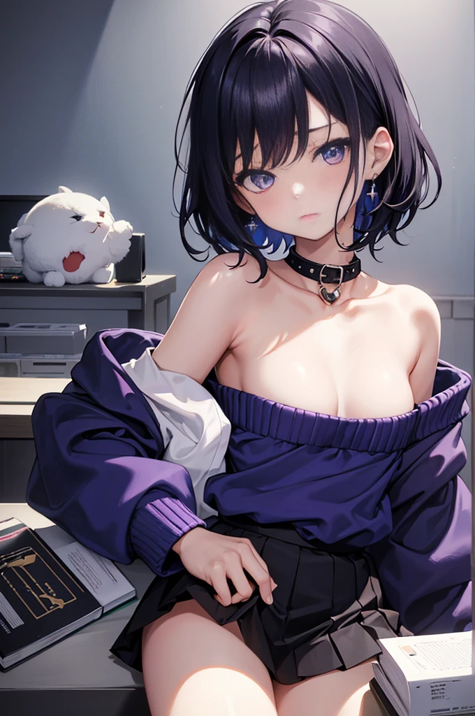best quality, ultra precision, 1girl, cute, little girl, young, boyish, childish, Medium breasts, black hair, messy hair, blue short hair, purple eyes, beautiful eyes, girl, ecstasy, sailor collar, estrus, metestrus, start to undress, naughty mood, she loves you, lost virgin, virgin, blush, sexy, beautiful skin, big bow on chest, BLUE SWEATER, BLUE SHIRT, SHIRT UNDER SWEATER, OFF SHOULDER TOP) TSUNDERE 14 YEARS old, Short black skirt, purple earring