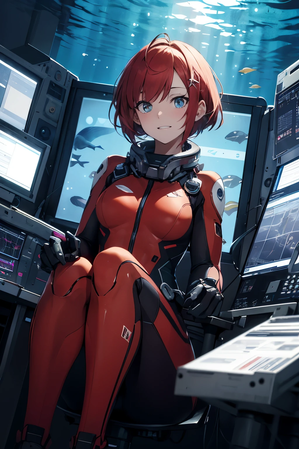 Ridiculous resolution, high resolution, (masterpiece:1.4), Hyper-detailing, 1 young woman, pelo rojo corto, pilotsuit, Sitting in an extremely narrow and enclosed mech control room, Operate the mech pole, Outside the window is the underwater world, The expression is excited, In the deep sea