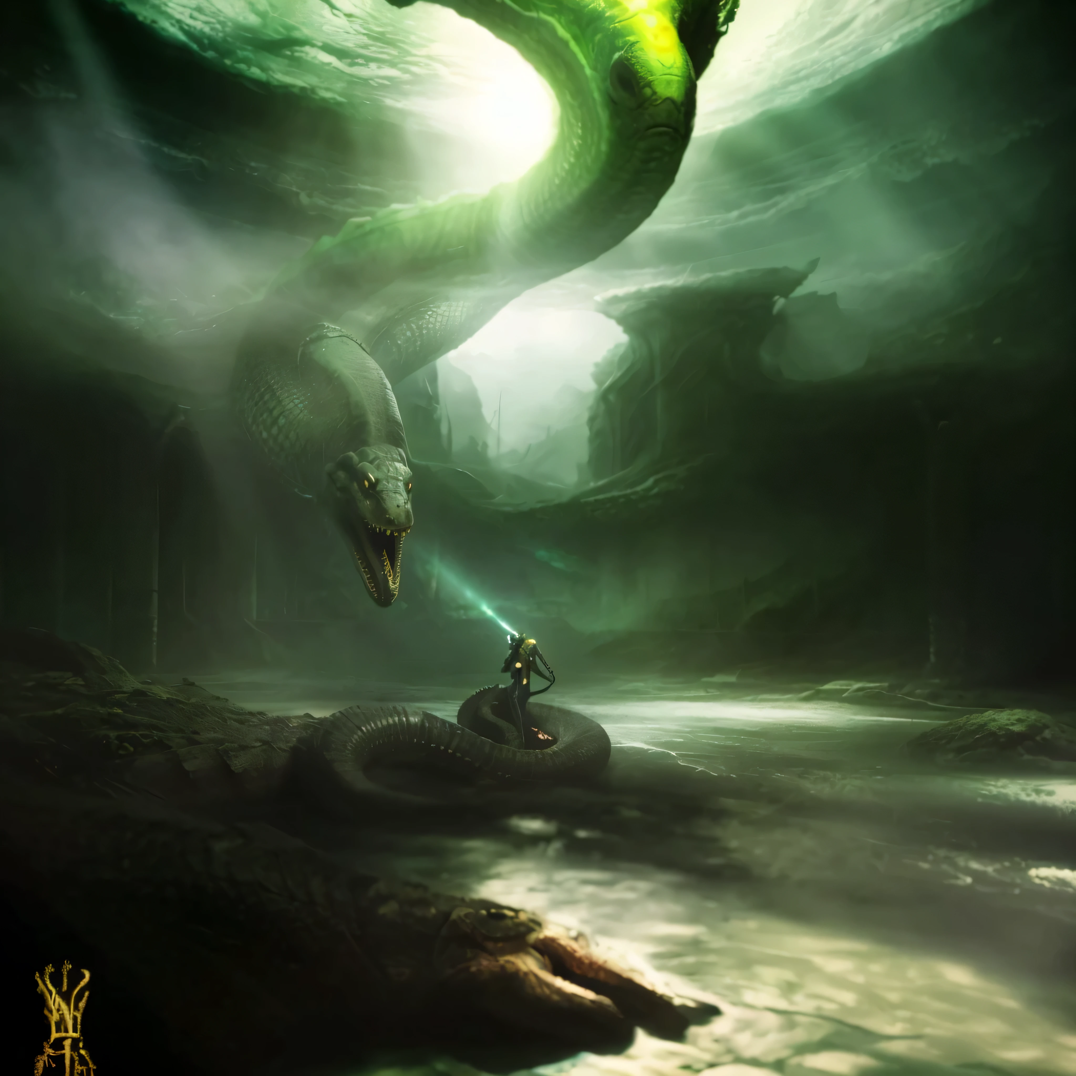 there is a snake that is eating a person's hand, dramatic concept art, lovecraftian atmosphere, matte digital painting, stunning photo real concept art, fantasy digital painting, lovecraftian landscape, surreal concept art, serpentine water monster, an ominous fantasy illustration, organic matte painting, concept art digital illustration, fantasy art behance, crocodile god lair