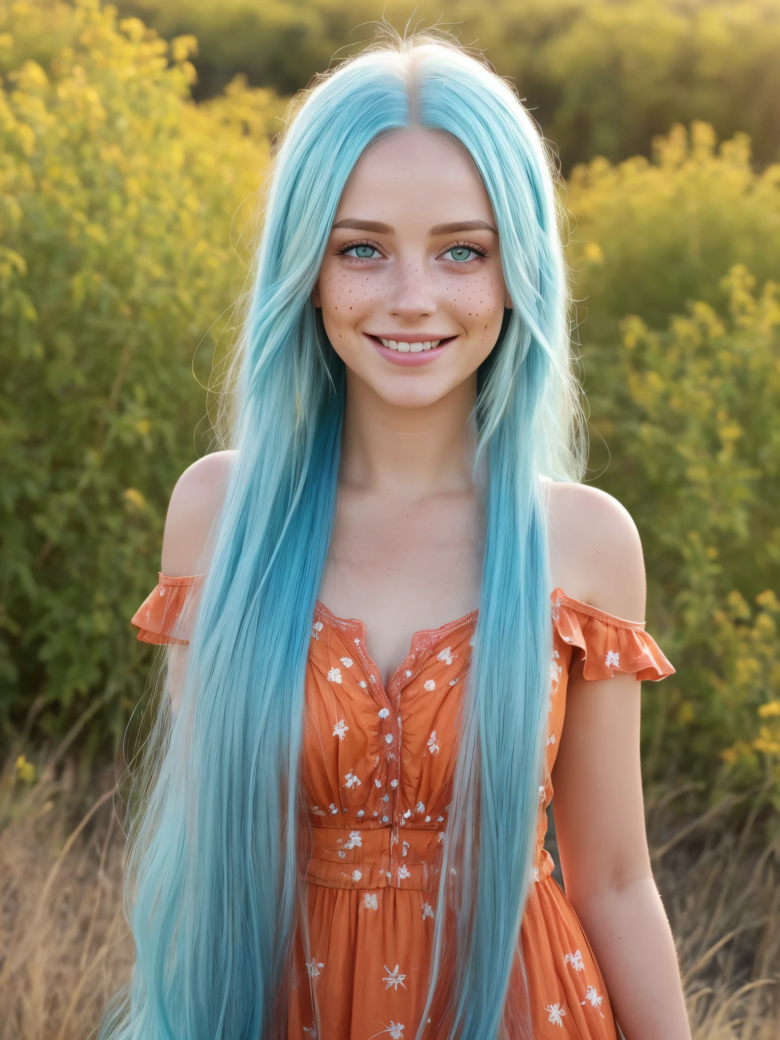 (Realistic:1.5), A highly detailed photo of a stunningly beautiful young woman in a minuscule clothes. Long burnt-cyan colored hair blowing in the wind . Dazzling and glowing orange-red eyes, freckles and blush. Mouth smiling wide with joy. Leaning towards the camera with arms crossed playfully behind her back. Free-spirited persona. Looking directly at the camera and winking