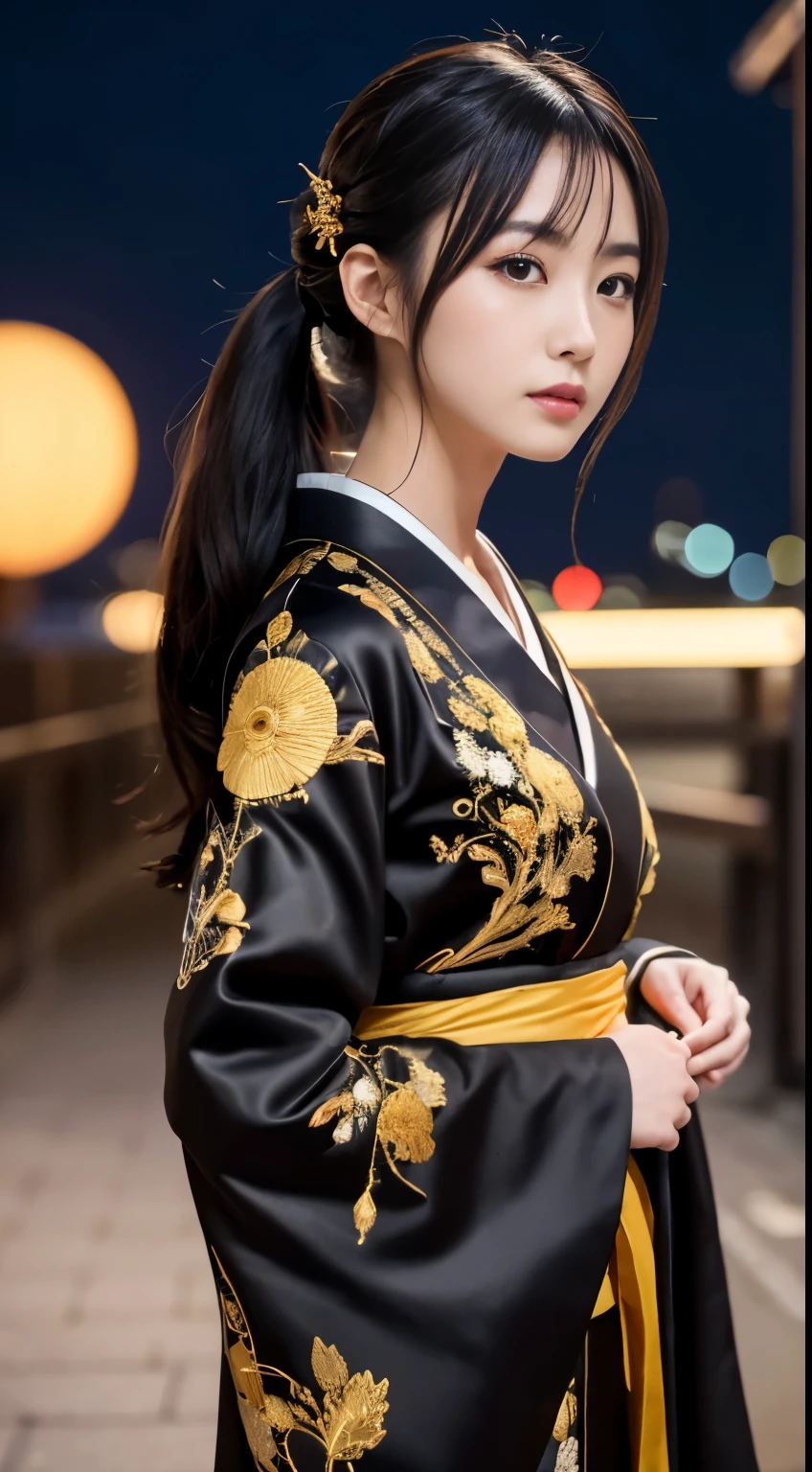 Detailed background((a moon:1.5),Desolate city)、BREAK,elaborate costume{Luxury kimono(Black kimono(Detailed golden embroidery,))}、(Japanese Idol(actress):1.2)(face perfect:1.2),Expressing a beautiful and elegant woman。glossy dark hair,poneyTail,Heart in the eye。 Wallpapers 16K, .Blur the background with a sickle,((masutepiece)), ((Best Quality)),{{a portrait photo of}},full body Esbian、Faraway view,Like a corporate logo