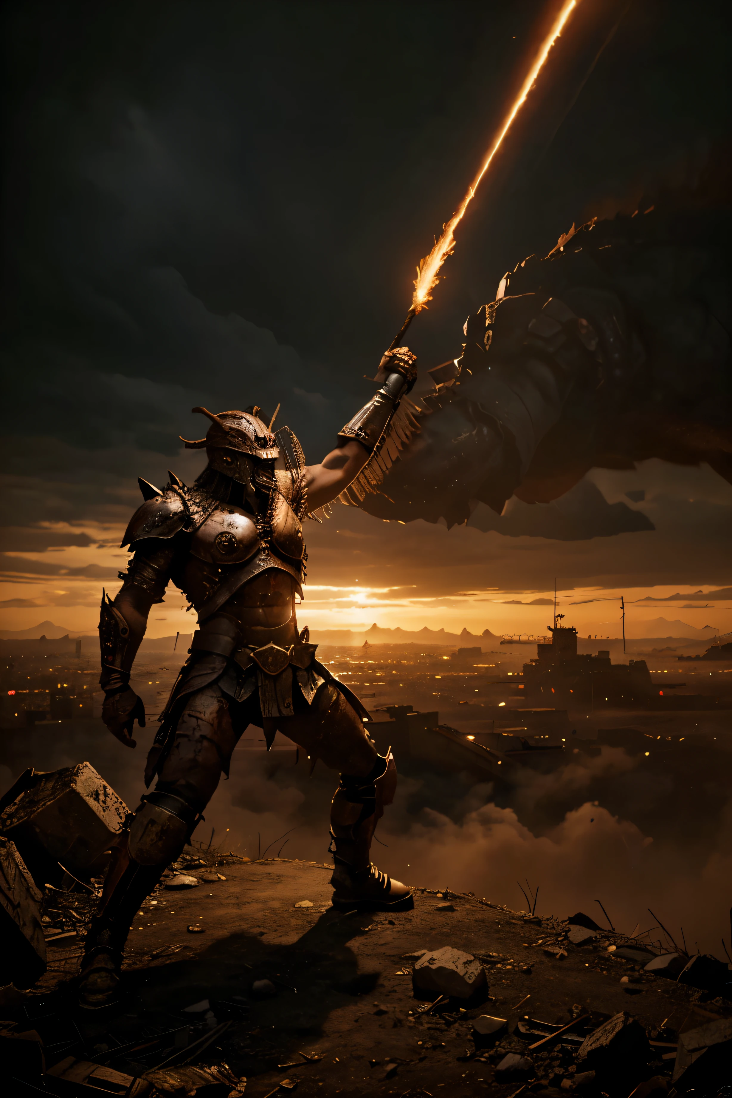 a warrior fighting a monster in an apocalyptic setting