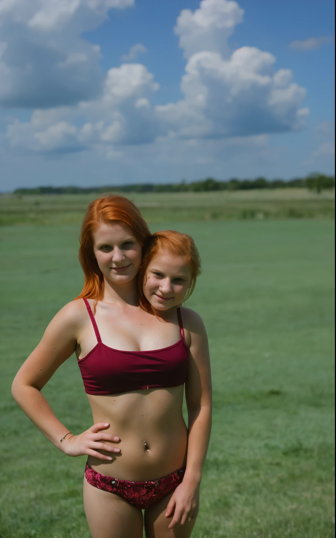 2heads, (two headed girl:1.5), (teen:1.4), (female:1.5), (redhead:1.4), (two heads attached to one body:1.4), conjoined twins, heads side by side, one body, uncomfortable, barefoot