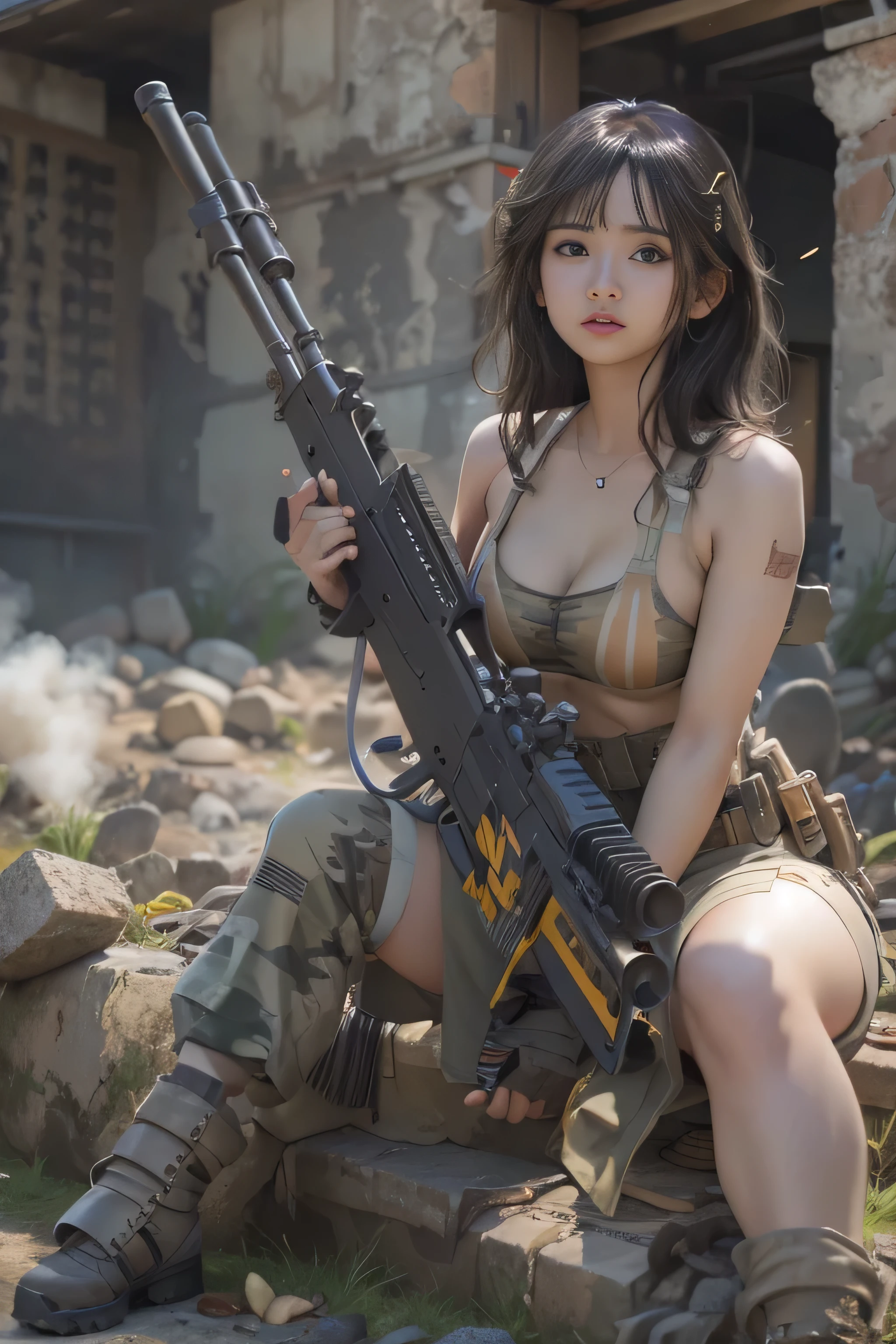 Unreal Engine:1.4,Ultra-realistic 64K CG, Photorealista:1.4, Skin Texture:1.4, Top 1 girls in bikinis ,japanes, , Gatling gun, Shell casing, Looking at Viewer, Bangs, ammunition belt, gloves,Saggy breasts,opening fire,in the picture, A beautiful girl with short black hair wearing a bikini appears..，The delicate face of，Wearing bikini metal，standing on the ruins，The behavior of a woman with a heavy sniper rifle in her hands,cle beige dress, Army Chain,War Jet DSLR background, F/2.8, 5D, 16 K, Hyper-Resolution . Realistic style, key visual, Vibrant,, Normal display, Realistic, Camouflage costumes, soldier, Stripes of camouflage makeup on her face at an angle of 45 degrees, Tough Broad,