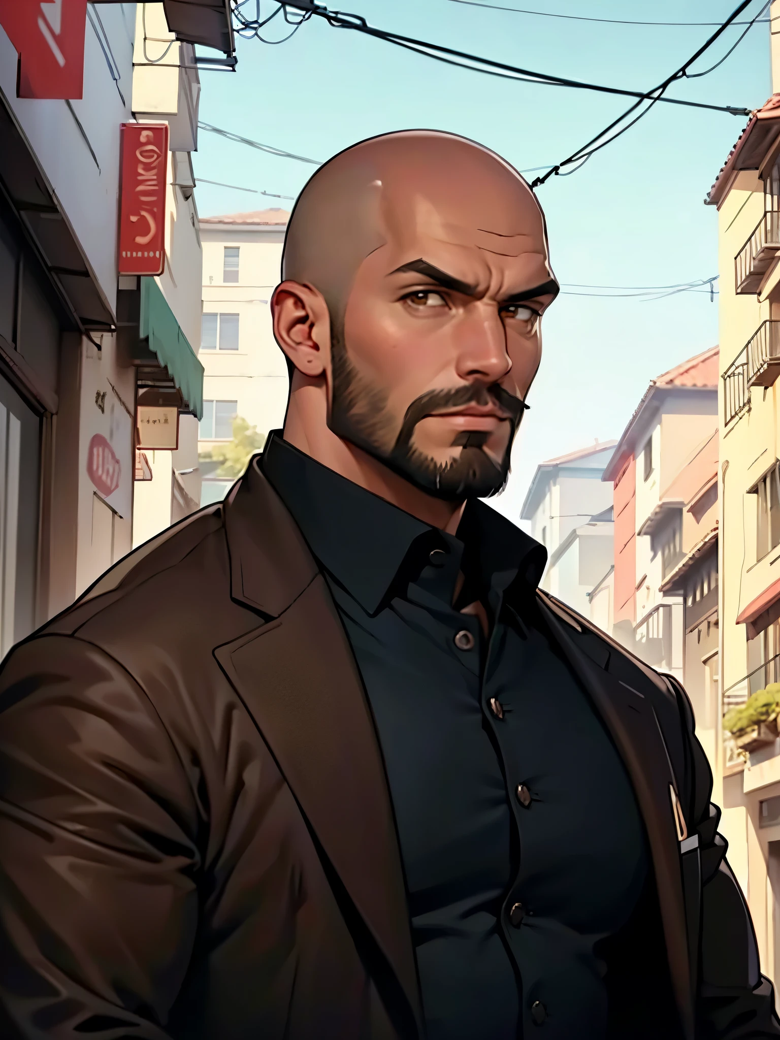 30 year old man, he is bald, with a brown beard, brown eyes, mafia style, very charismatic, serious look.
