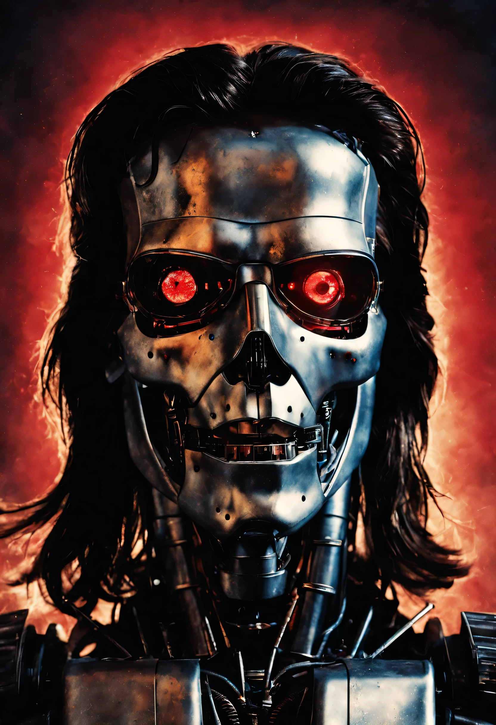 Jesus Christ as the robot from the movie Terminator, com olhos com luz vermelha. poster, 80s, Escuro, Grunge
