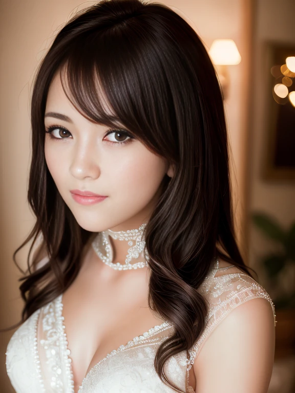 In the quiet ambiance of a first night romance, a beautiful bride stands with a seductive, yet slightly sad and worried expression on her face. The details of her enchanting eyes and delicate lips are exquisitely portrayed, catching the viewer's attention. Adorned with a see-through wedding dress, the fabric gracefully drapes her body, revealing her small breasts, which are tastefully presented. The deep V neckline of her dress accentuates her alluring charm. As the bride poses, her gentle elegance emanates from the masterpiece of this portrait. The image quality is of the highest standard, exhibiting ultra-detailed precision, capturing even the most intricate elements. The inclusion of realistic, photorealistic effects with a 1.37 enhancement further enhances the depth and authenticity of the artwork. This masterpiece is best appreciated in its full glory, with a resolution of 4k or 8k, capturing every subtle nuance and fine detail. The artist's skilled technique, akin to a professionally-shot photograph, skillfully utilizes studio lighting to accentuate the bride's grace and beauty. A soft color palette envelops the scene, enhancing the romantic atmosphere. The gentle play of light and shadows further emphasizes the bride's allure, creating a captivating ambiance. The overall composition exudes a sense of elegance and intimacy, inviting viewers to delve into the emotions and excitement of this first night romance.