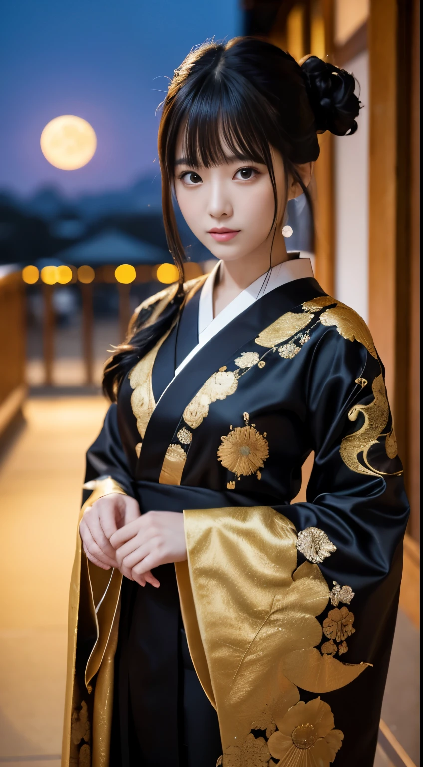 Detailed background((a moon：1.5),Desolate city)、BREAK,elaborate costume{Luxury kimono(Black kimono(Detailed golden embroidery,))}、(Japanese Idol(actress):1.2)(face perfect:1.2),Expressing a beautiful and elegant woman。glossy dark hair,poneyTail,Heart in the eye。 Wallpapers 16K, .Blur the background with a sickle,((masutepiece)), ((Best Quality)),{{a portrait photo of}},full body Esbian、Faraway view,Like a corporate logo