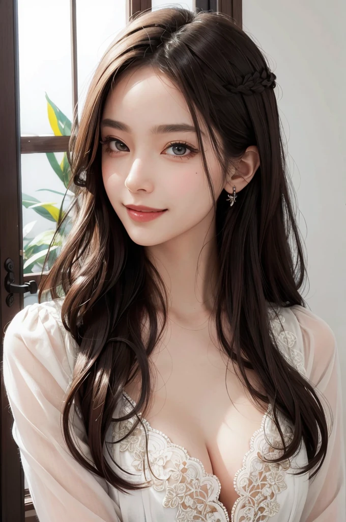 (masterpiece:1.2, best quality), (real picture, intricate details), 1lady, solo, upper body, casual, long hair, minimal makeup, natural fabrics, close-up face, smile, home