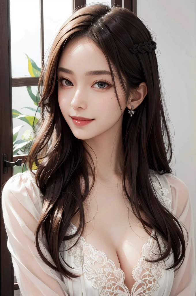 (masterpiece:1.2, best quality), (real picture, intricate details), 1lady, solo, upper body, casual, long hair, minimal makeup, natural fabrics, close-up face, smile, home