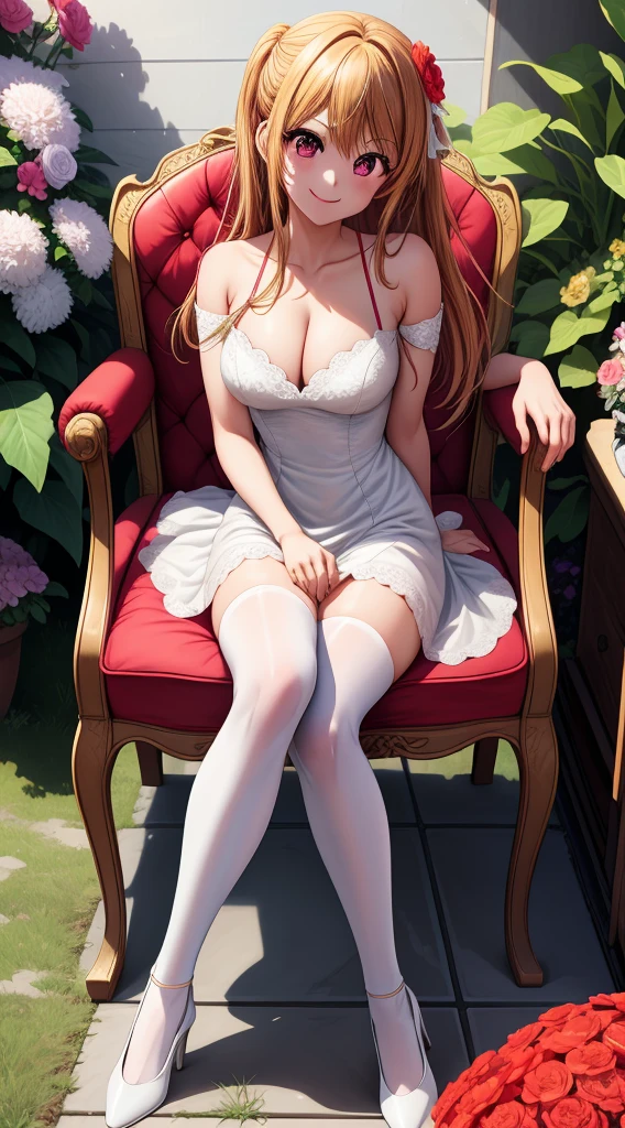 anime, beautiful face, highly detailed face, 2 accurate legs detailed eyes, highly detailed background, perfect lighting, accurate arms, accurate hands, accurate fingers, full body, 1girl, solo, ruby hoshino, oshi no ko, indoors, detailed heels, white detailed thighhighs, outdoor, ina garden of flowers, absurdres, high res, ultrasharp, 8K, masterpiece, looking at viewer, elegant pose, (full body:1.4), smiling with compassion, teasing smile, detailed dress, patterned wedding dress, cleavage, sitting down on a chair