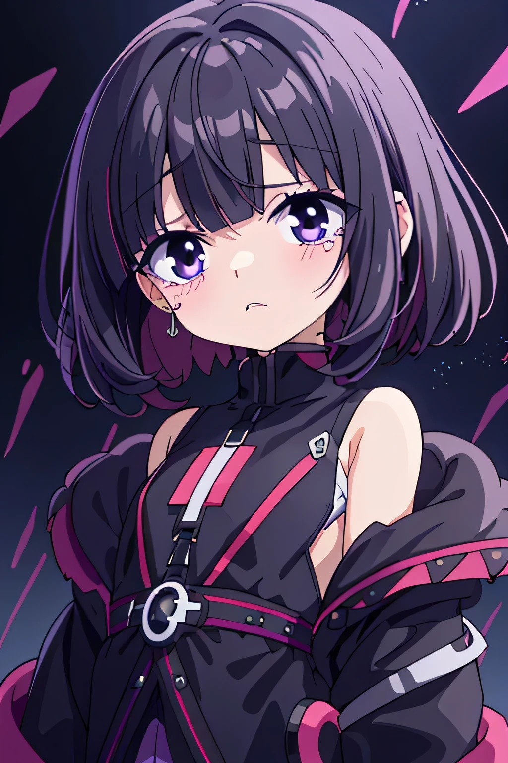 girl with、soio、age19、top-quality、a cool、cool、A dark-haired、Heavy bangs、bobhair、Pink eyes、Delicate lashes、校服、A black、a huicolor、cute little
