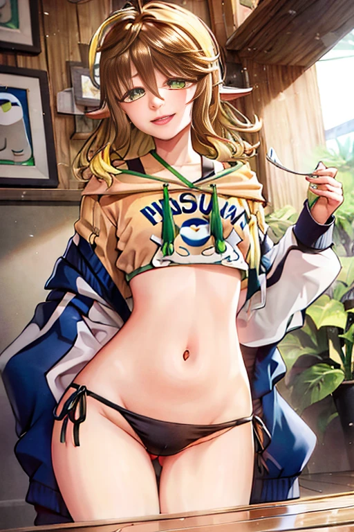 amicia michella - nijisanji, naime style 1girl, (((bimbo))), brown short hair, yellow inner hair, wavy hair, green eyes, (((bimbo))), thin lips, painted lips, shy smile face, wide hips, thick thighs, huge round ass, shiny oily breasts, string bikini, full body, island, nsfw