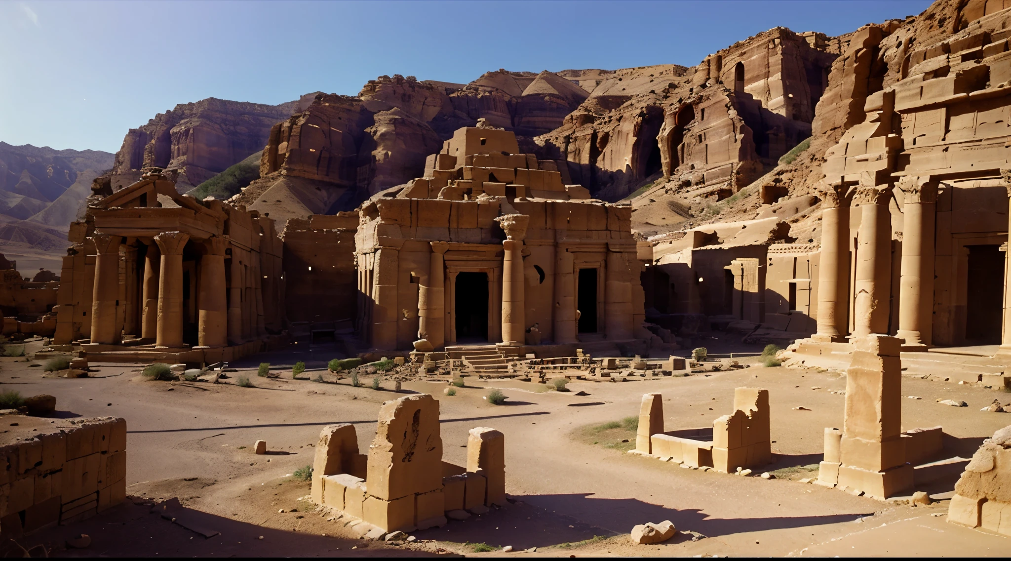 ora crepuscolare, colori notturni, a place like Petra, houses, temples, carved into the rock. mountain. sunset hour, cinematic light. Light and shadow effects，16K smooth，A high resolution, sunset hour, arafed building in a desert with a stone structure and a sky background, ancient ruins under the desert, ancient architecture, sacred ancient architecture, buildings carved out of stone, desert temple, ancient temple, ancient buildings, colorful ancient egyptian city, beautiful ancient ruins behind, ancient persian temple dungeon, ancient persian city, at an ancient city, ancient city ruins cinematic light